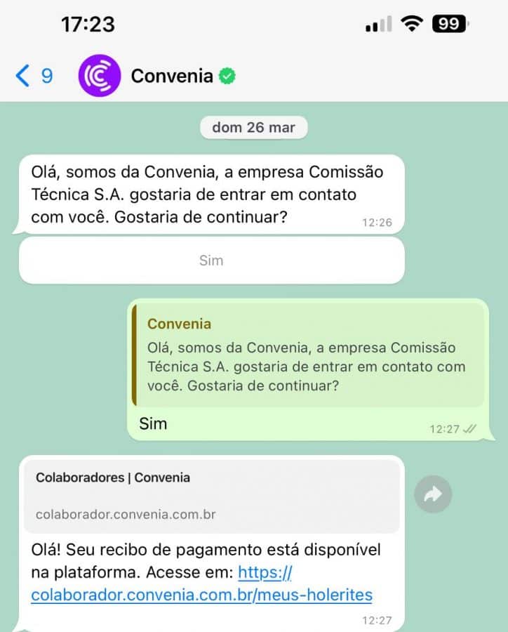 print de conversa no whatsapp exemplificando como funciona o Convenia Conecta